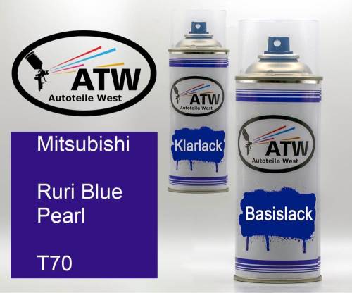 Mitsubishi, Ruri Blue Pearl, T70: 400ml Sprühdose + 400ml Klarlack - Set, von ATW Autoteile West.
